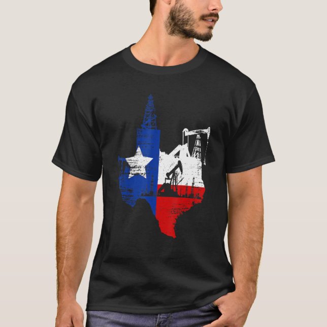 Camiseta Texas Map Oildfield Worker Gasolina Petroleum EUA (Frente)