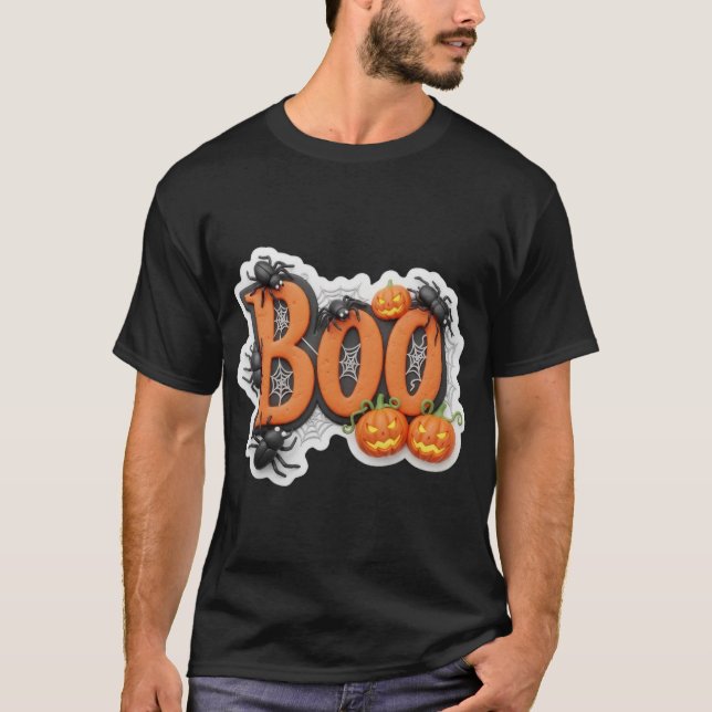 Camiseta texto 3D de Boo de Halloween com elementos assusta (Frente)