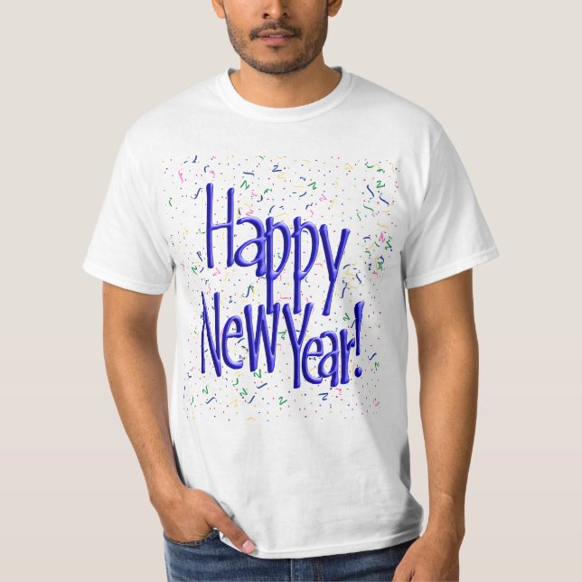 Camiseta Texto Azul com Confetes - Feliz Ano Novo (Frente)