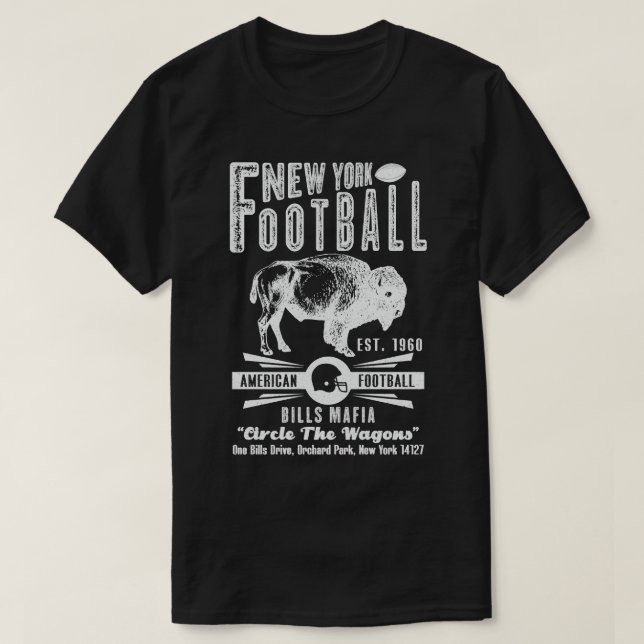 Camiseta Texto Branco de Nova York Est 1960 Bills Mafia Vin (Frente do Design)