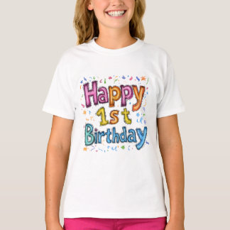 Camiseta Texto Colorido de Celebração de 1º Aniversário Fel