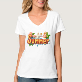 Camiseta Texto Colorido de Verão com Elementos de Praia