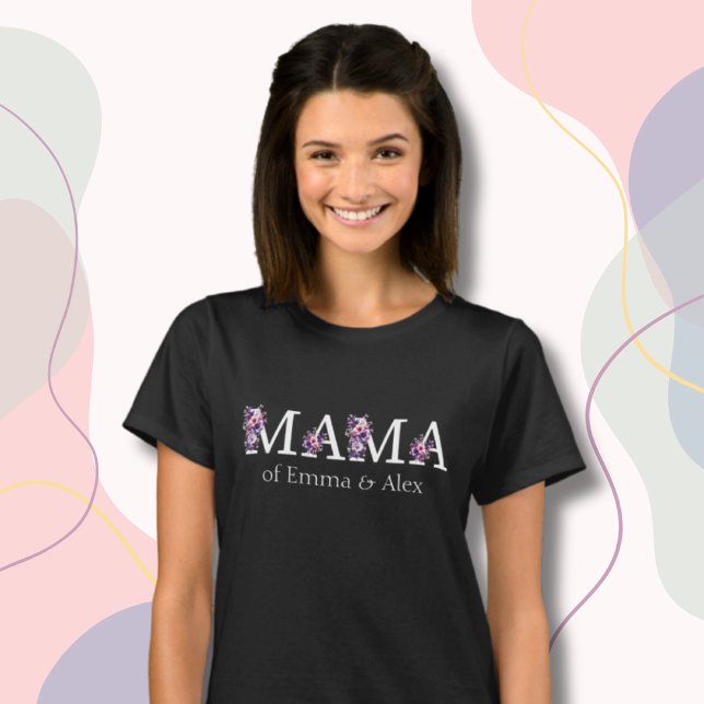Camiseta Texto da mamãe Floral personalizado Kids Names Wom (Criador carregado)