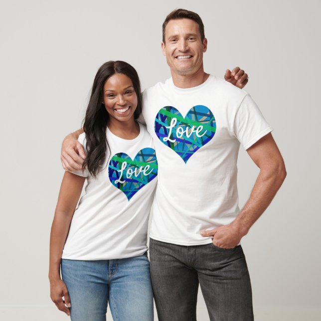 Camiseta Texto de Amor Coração Forma Azul & Linhas Geométri (Unissex)