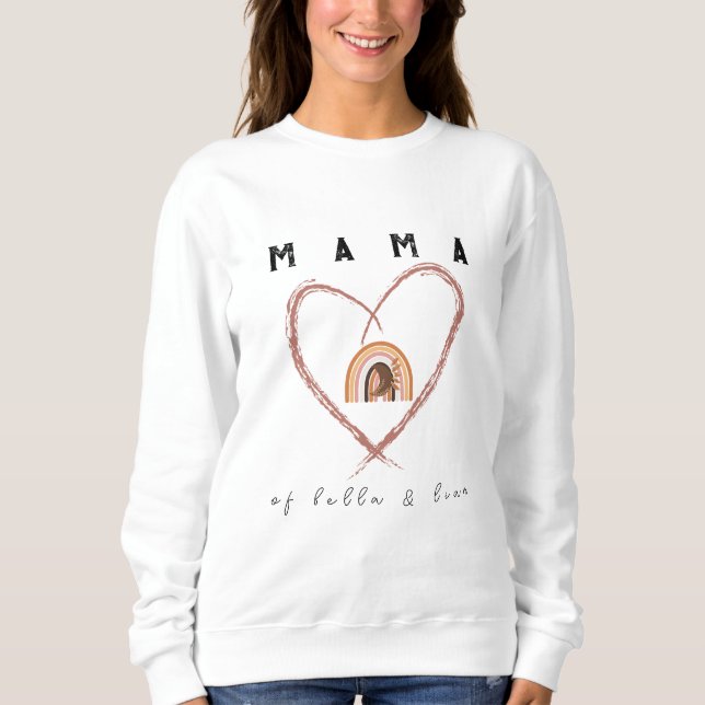 Camiseta Texto de Boho Mama com Penas de Lua Nomes de Crian (Frente)