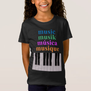Camiseta Texto de Música do Teclado Piano em Vários Idiomas