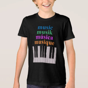 Camiseta Texto de Música do Teclado Piano em Vários Idiomas