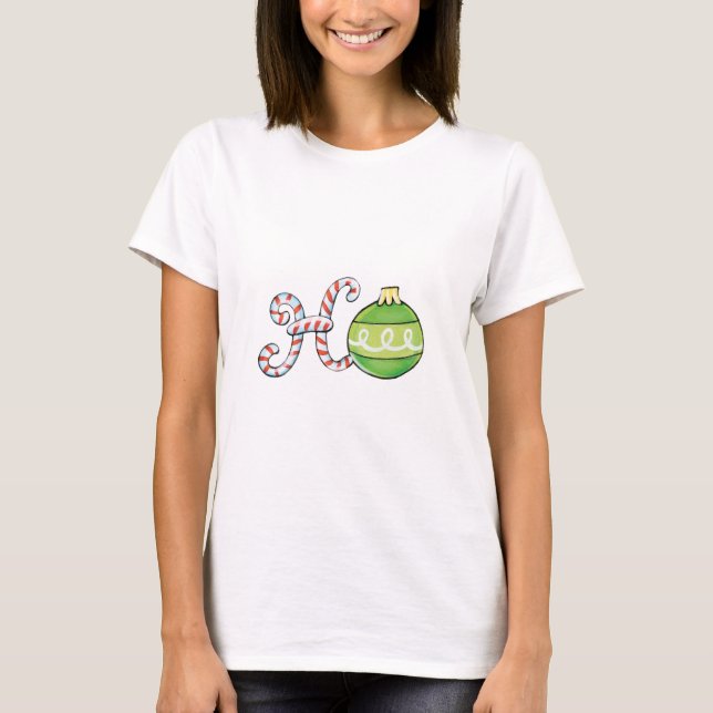 Camiseta Texto de Natal bonito, Ho em ornamentos de Canas D (Frente)