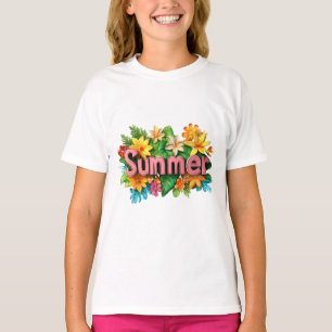 Camiseta Texto de Verão - Ilustração Colorida das Flores de