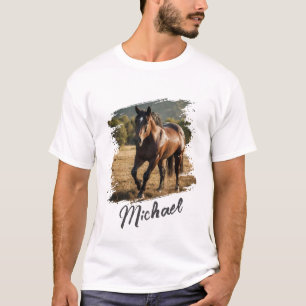 Camiseta Texto e Foto de Cavalos Personalizados da Tendênci
