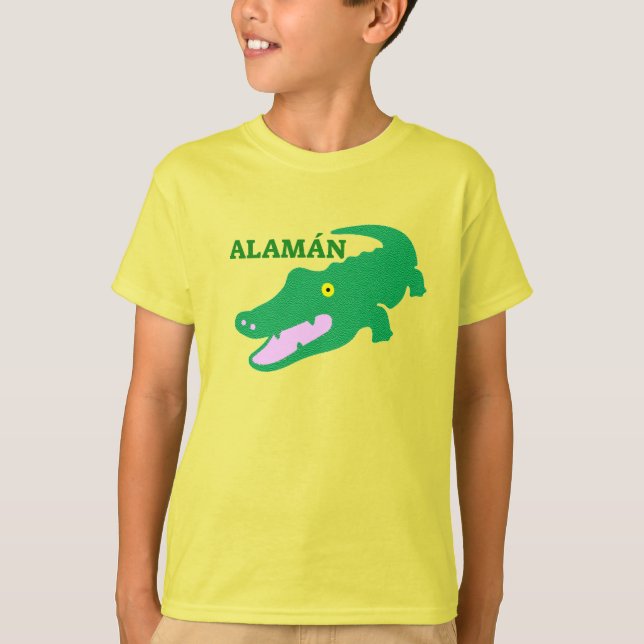Camiseta Texto em Pijao: Alamán e crocodilo verde (Frente)