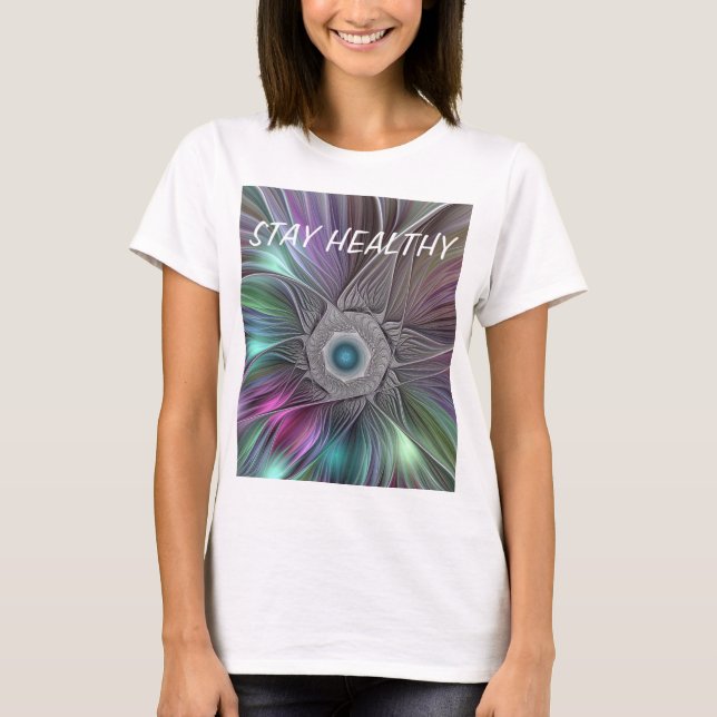 Camiseta Texto Fractal de Abstrato de Flor Grande Colorida (Frente)