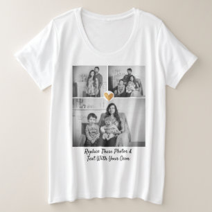 Camiseta Texto Personalizado / 3 Fotos Douradas Coração Pre