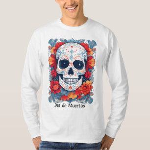 Camiseta Texto personalizado azul e vermelho Día de Muertos