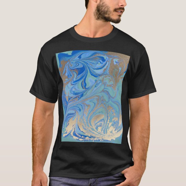 Camiseta Textura de cor líquida Dourada azul (Frente)