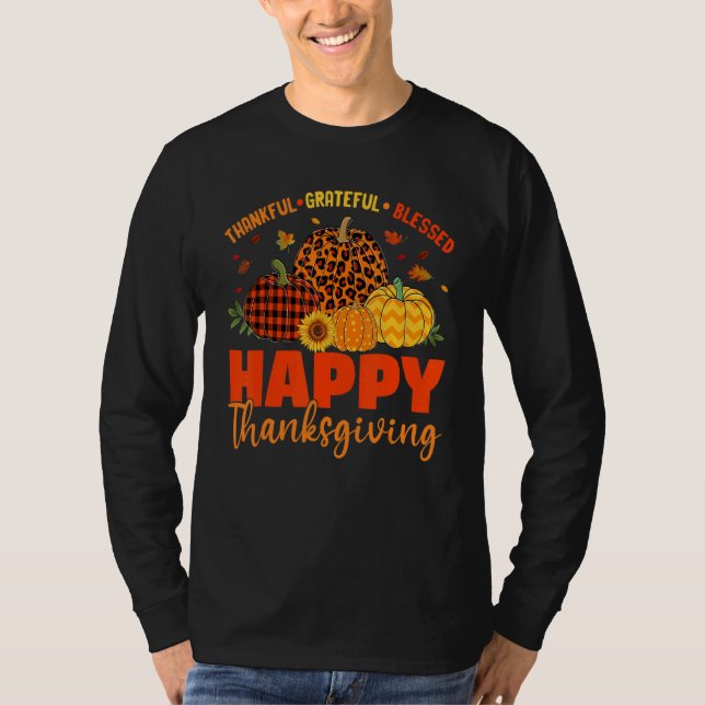 Camiseta Thankful Grateful Blessed Leopard Plaid Pumpkin Th (Frente)