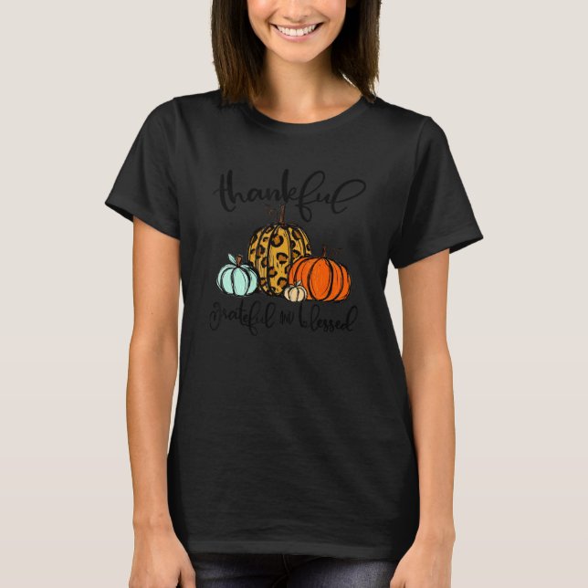 Camiseta Thankful Grateful Blessed Leopard Pumpkins Thanksg (Frente)