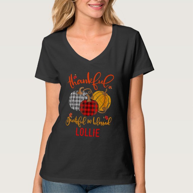 Camiseta Thankful Grateful Blessed Lollie Autumn Fall Pumpk (Frente)