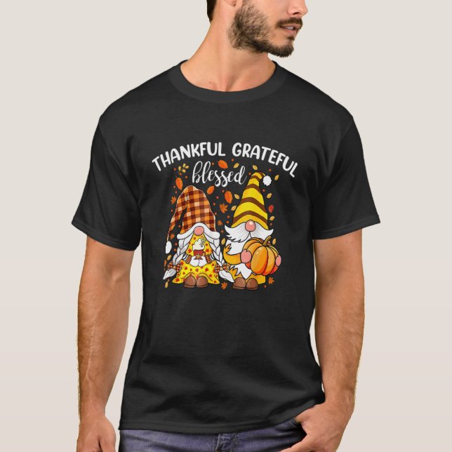 Camiseta Thankful Grateful Blessed Thanksgiving Fall Gnomes (Frente)
