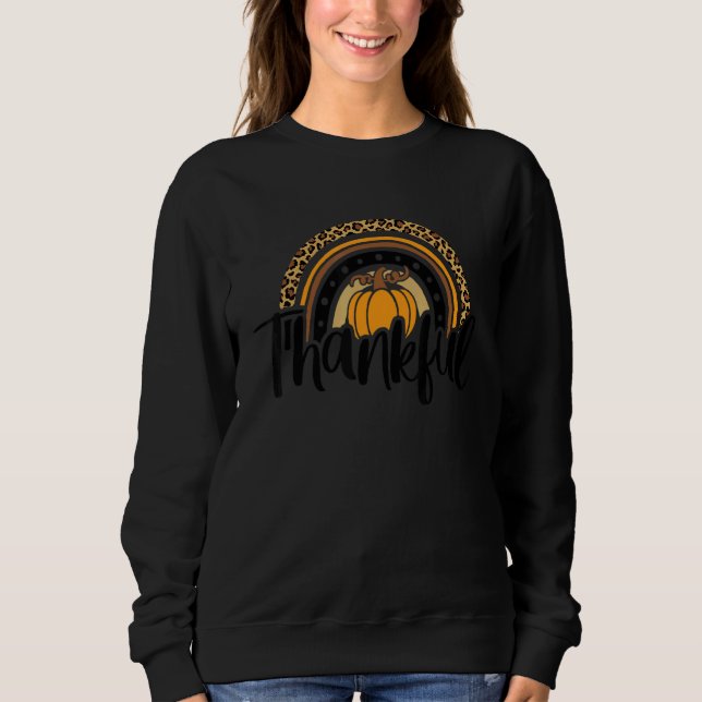 Camiseta Thankful Leopard Rainbow Pumpkin Thanksgiving Boho (Frente)