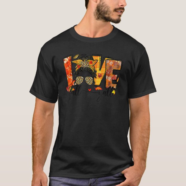 Camiseta Thankful Love Fall Yall Retro Autumn Messy Bun Tha (Frente)