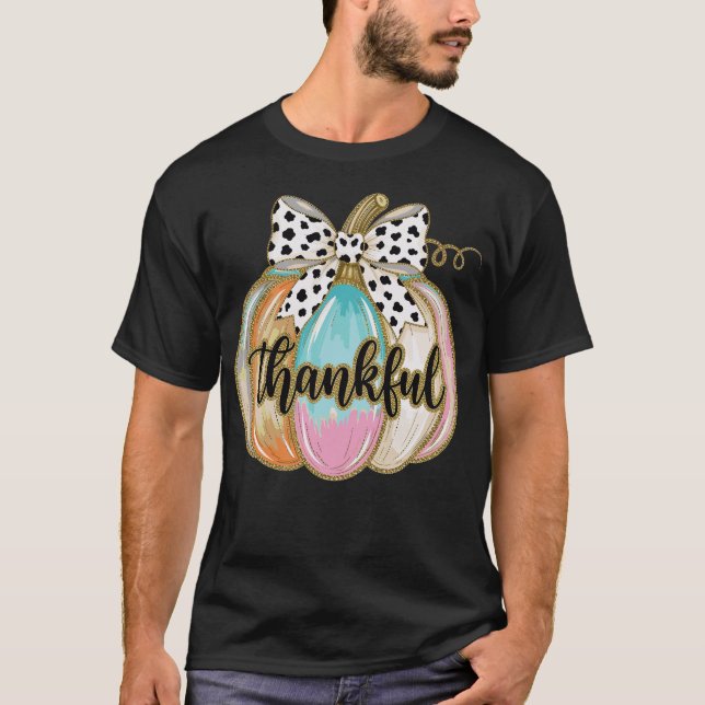 Camiseta Thankful Pumpkin Coquette Bow Thanksgiving Fall  (Frente)