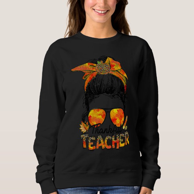 Camiseta Thankful Teacher Leopard Messy Bun Autumn Thanksgi (Frente)