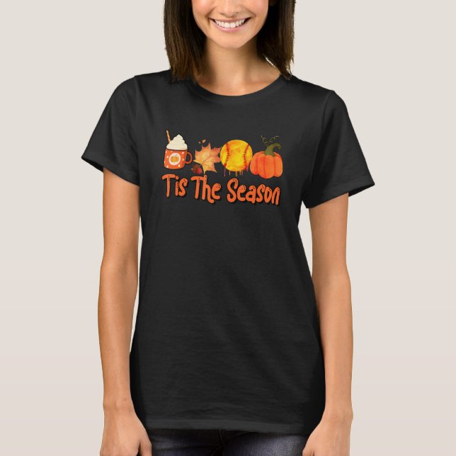 Camiseta Thankful Tis The Season Softball Pumpkin Latte Cof (Frente)