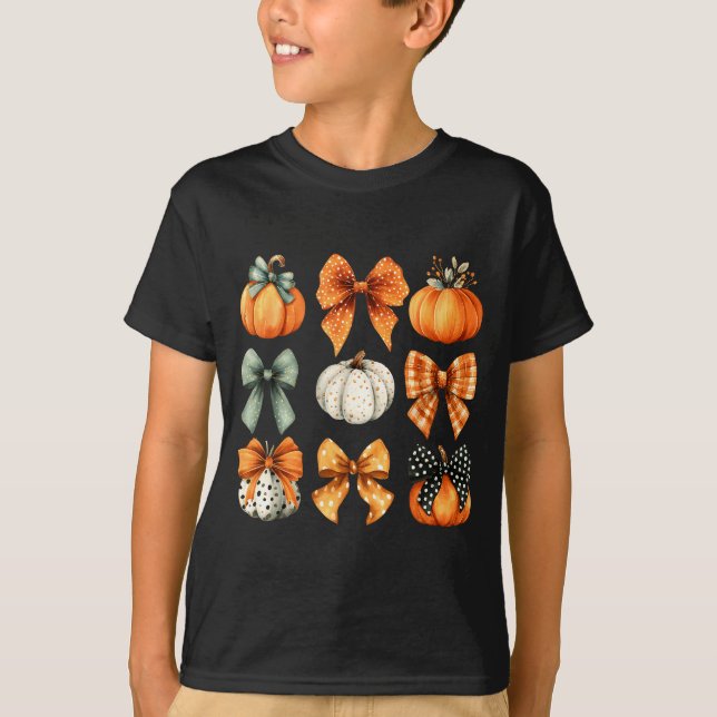 Camiseta Thanksgiving Autumn Fall Leaves Coquette Bow Pumpk (Frente)