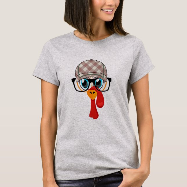 Camiseta Thanksgiving Cartoon Little Turkey Face Tartan (Frente)