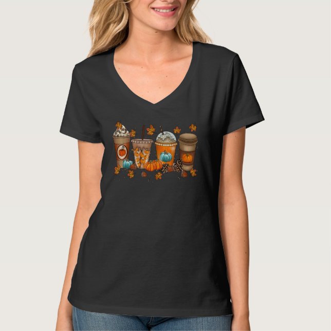 Camiseta Thanksgiving Cute Latte Coffee Pumpkin Fall Leaf T (Frente)
