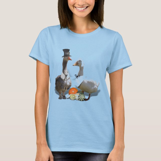 Camiseta Thanksgiving Pilgrim Duck Couple (Frente)