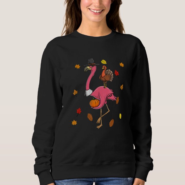 Camiseta Thanksgiving Pilgrim Flamingo With Turkey Cute (Frente)