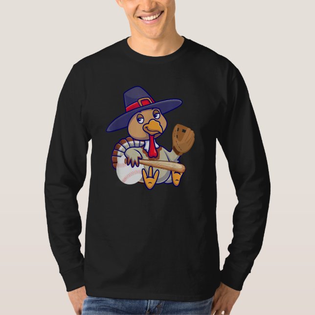 Camiseta Thanksgiving Turkey Play Baseball Men Kids Boys Ba (Frente)