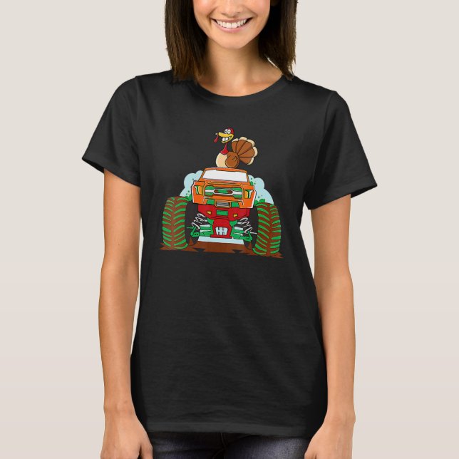 Camiseta Thanksgiving Turkey Riding Monster Truck Boys Kids (Frente)