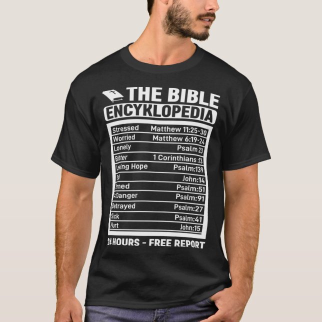 Camiseta The Bible Encyklopedia 24 Hours  Free Report Cerem (Frente)