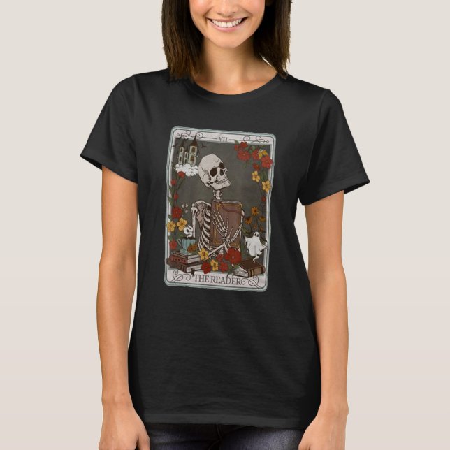 Camiseta The Reader Tarot Card Bookish Skeleton Librarian B (Frente)