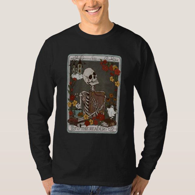 Camiseta The Reader Tarot Card Bookish Skeleton Librarian B (Frente)