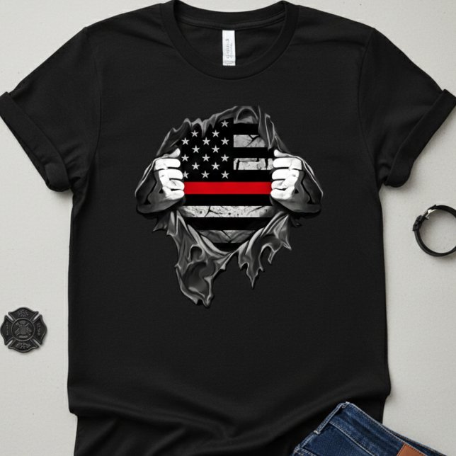 Camiseta  Thin Red Line Flag "Super Hero" Firefighter  (Criador carregado)