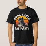 Camiseta Think Fasta Eat Pasta Shirt – Funny Cat Pasta Love<br><div class="desc">Think Fasta, Eat Pasta 🍝🐱 This funny retro-style design features an adorable cat enjoying a bowl of spaghetti with playful vintage sunset colors. Perfect for pasta lovers, foodies, and cat fans who enjoy a little humor with their favorite meal. The bold vintage typography and cute cartoon cat make this graphic...</div>