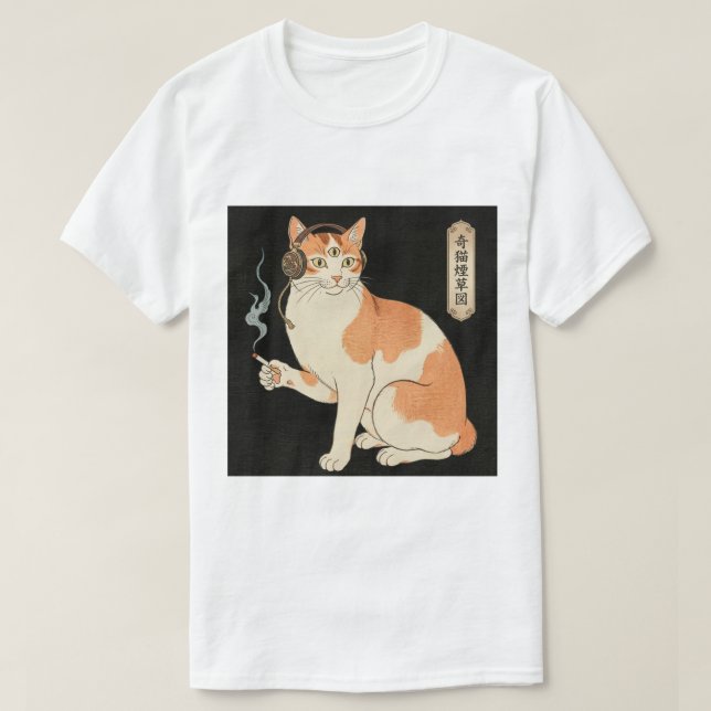 Camiseta Third Eye Cat with Headphones & Cigarette (Frente do Design)