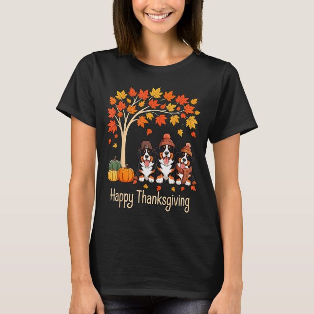 Camiseta Three Bernese Mountain Dogs Fall Tree Happy Thanks (Frente)
