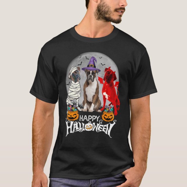 Camiseta Three Boxer Dog Brindle Boxer Mummy Witch Demon Ha (Frente)