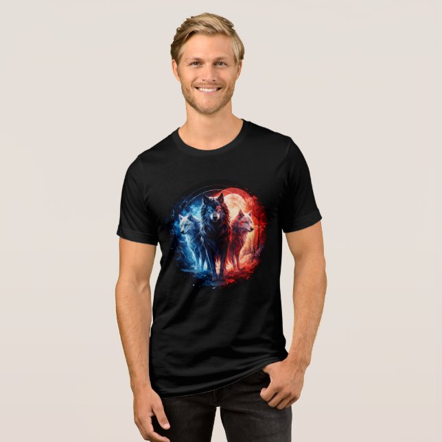 Camiseta Three Elemental Wolves Under Full Moon (Frente Completa)