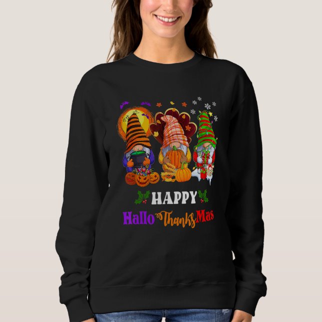 Camiseta Three Gnomes Halloween Merry Christmas Happy Hallo (Frente)
