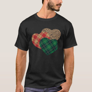 Camiseta Three Hearts Leopard Green Buffalo Plaid Valentine