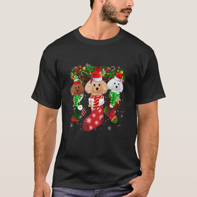 Camiseta Three Poodle In Socks Christmas Santa Hat   (Frente)