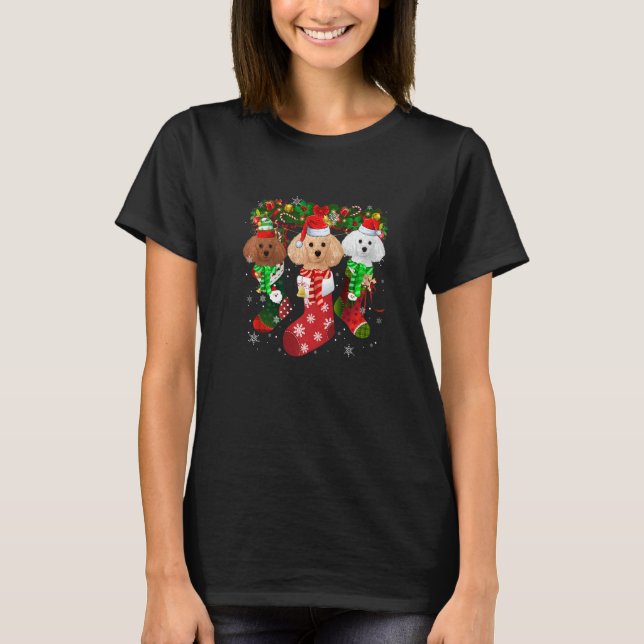 Camiseta Three Poodle In Socks Christmas Santa Hat (Frente)