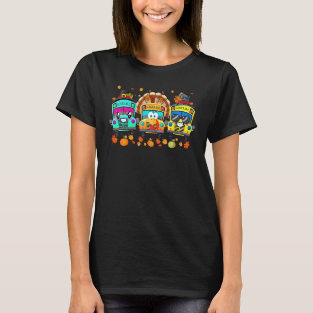 Camiseta Three School Buses Pilgrim Turkey Fall Vibes Thank (Frente)