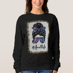 Camiseta Tia Life Bleached Auntlife Leopard Messy Bun Moth